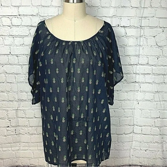 J Crew Blue Pineapple Cotton Oversized Tunic Top Sz Small Women - Picture 4 of 5